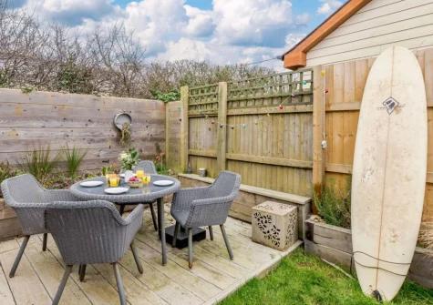 The decked patio & alfresco dining area at Leadengate Fields, Croyde