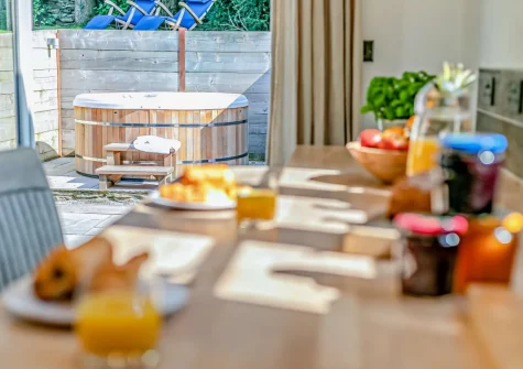 Step out onto the patio at Lilyville at Higher Treyone, Hessenford