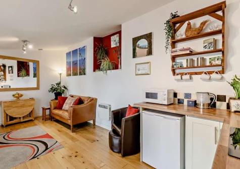 The living area & kitchen at Little Beau, Ottery St Mary