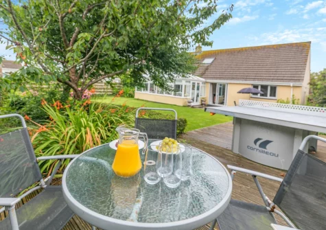 The outdoor sitting area & enclosed lawned garden at Little Birds, St Merryn