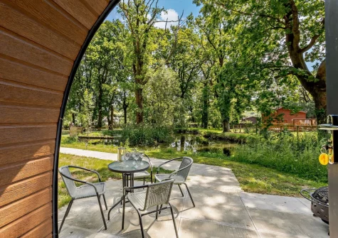 The patio & alfresco dining area at Little Cedar at Meldon Lodge Park, Meldon