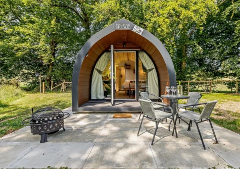 The patio & alfresco dining area at Little Cedar at Meldon Lodge Park, Meldon