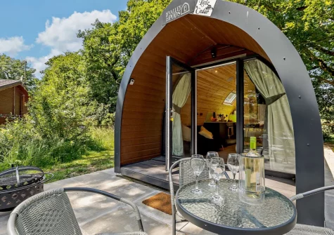 The patio & alfresco dining area at Little Cedar at Meldon Lodge Park, Meldon
