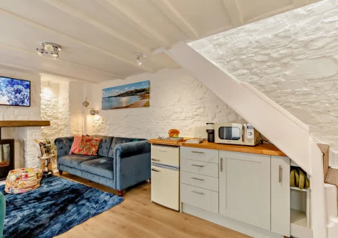 The living area & kitchen at Little Puffins, Appledore