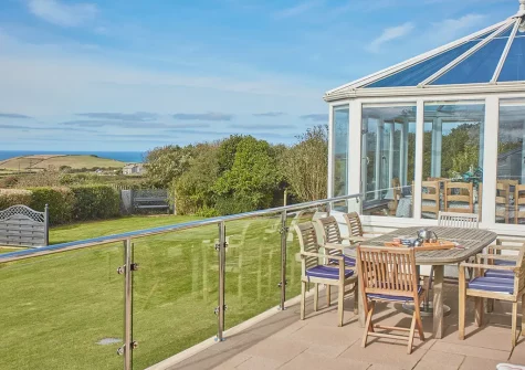 The patio & alfresco dining area at Little Seawynds, Trelights