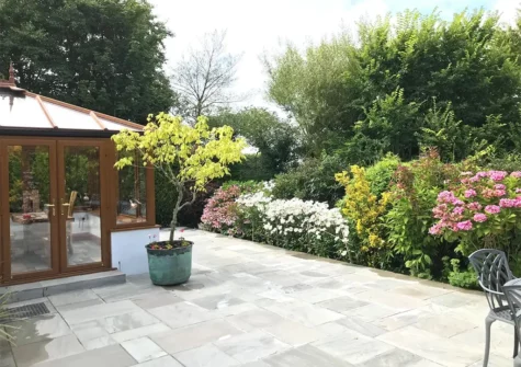 The patio at Little Water Farm Lake View House, Goonhavern