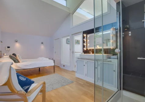 Bedroom #1 & en-suite shower at Lower Trenarthan, Penzance