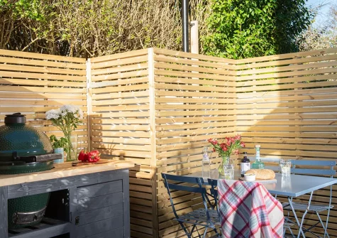 The enclosed rear patio garden,  alfresco dining & barbecue area at Maris Cottage, St Agnes