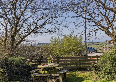 The enclosed private garden & alfresco dining area at Marsland Cottage at Cory Farm, Gooseham