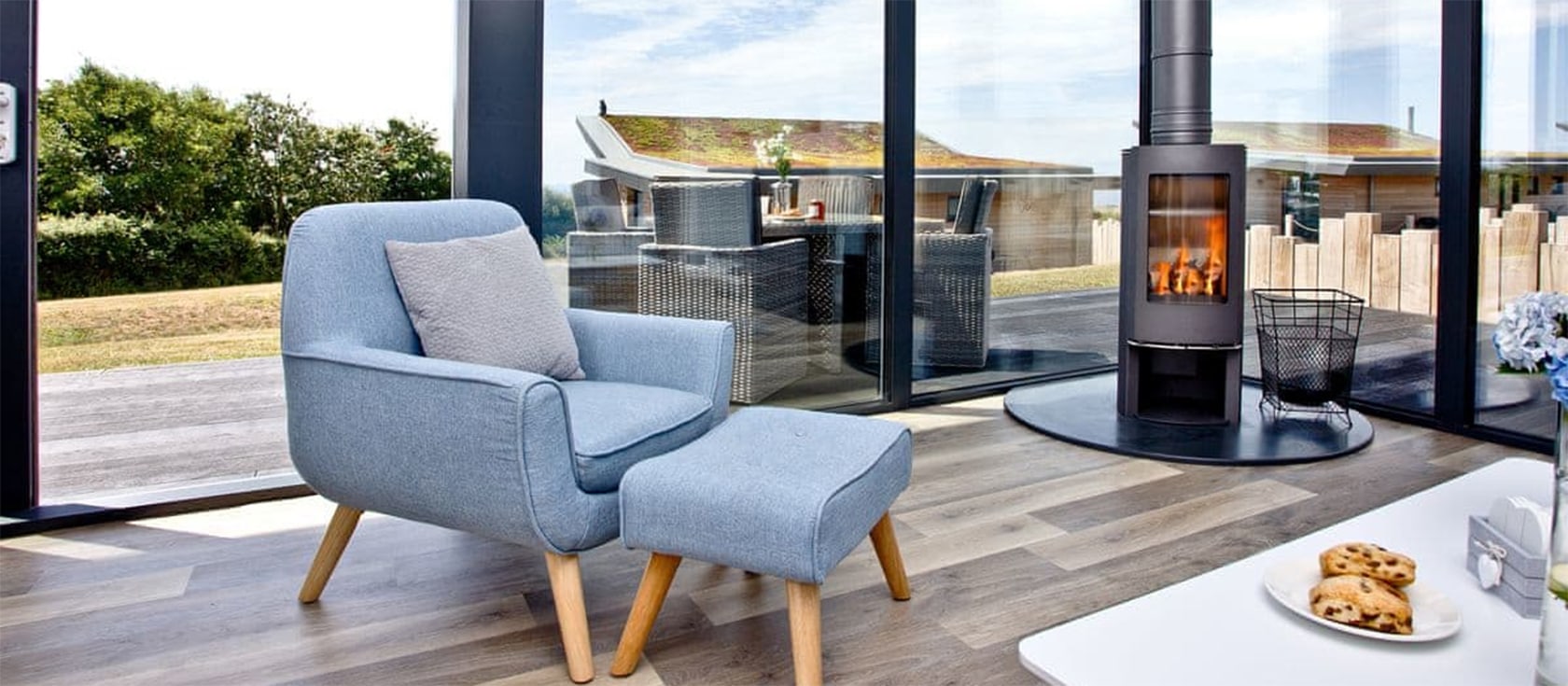 Millook, Wooda Farm near Bude offers contemporary two bedroom, two bathroom accommodation with resort style amenities, games room, bar / restaurant, archery & more. Luxury furnishings, woodburner and rural/sea views make it ideal for four in all seasons.