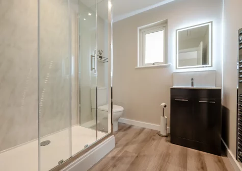 The en-suite shower room at Monterey at Polsue Gardens, Tresillian