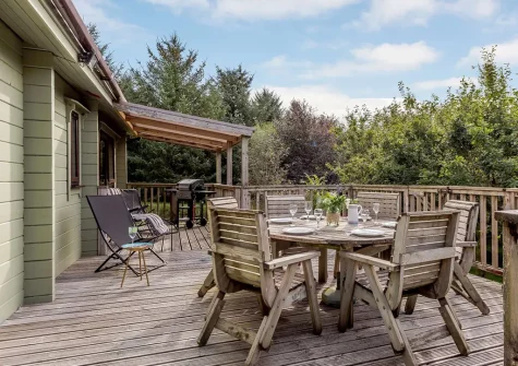 The decked patio, barbecue & alfresco dining area at Monterey Lodge, Forest Lakes, Woolfardisworthy