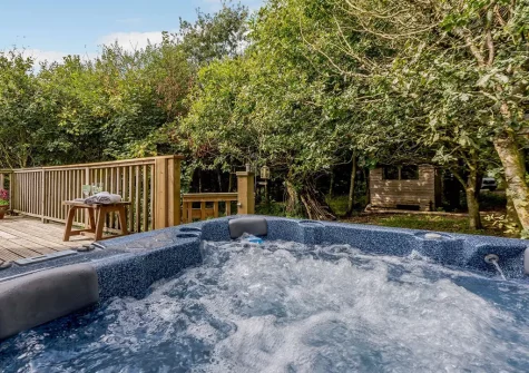 The hot tub & decked patio at Monterey Lodge, Forest Lakes, Woolfardisworthy