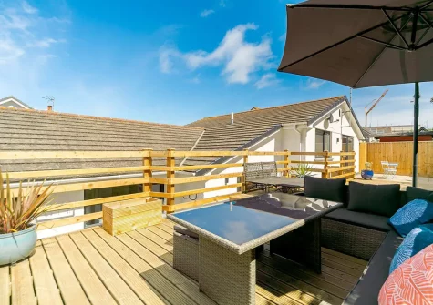 The decked patio & outdoor sitting area at Morethanporth, Newquay