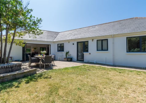 The patio, barbecue, alfresco dining area & enclosed lawned garden at Morlanar, Trevone