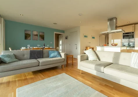The living area at Morvah, Morcliff Holiday Lodges, Goonvrea