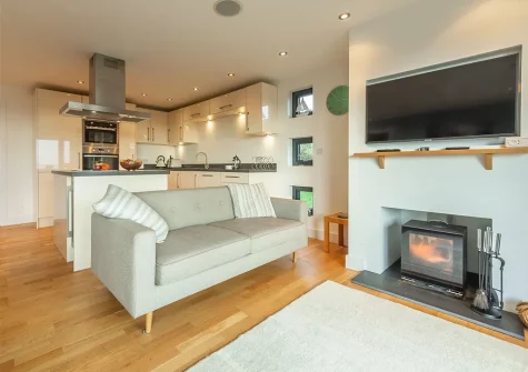 The living area at Morvah, Morcliff Holiday Lodges, Goonvrea