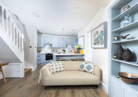 The living area & kitchen at Myrtle Cottage, Mousehole