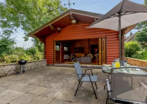 The patio, barbecue & alfresco dining area at Newhaven Cabin, Branscombe