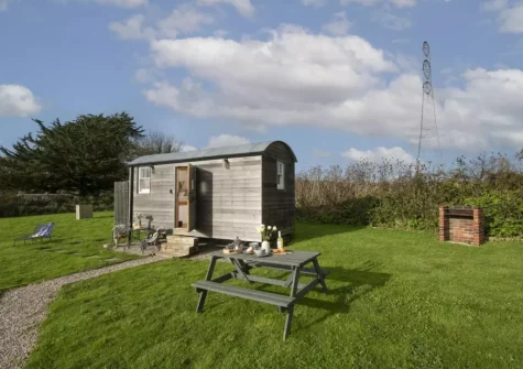 The barbecue, alfresco dining area & garden at Nori's Nest Shepherds Hut at Croft Hooper, Crowlas
