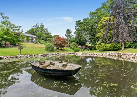 The pond & large lawned garden at North Coombe Farm, Rilla Mill