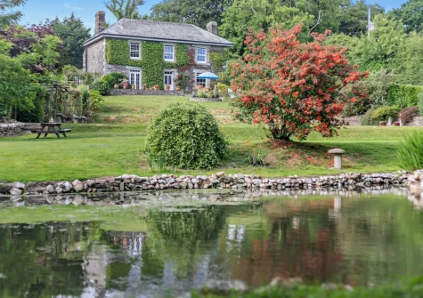 The pond & large lawned garden at North Coombe Farm, Rilla Mill
