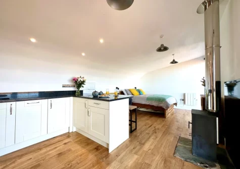 The kitchen with breakfast bar at Ocean at The Views, Morwenstow