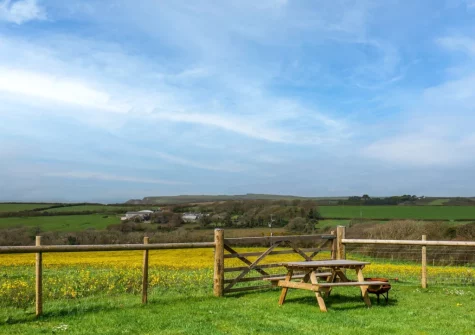 The enclosed garden, with across the rolling fields stretching to the ocean, at Ocean at The Views, Morwenstow