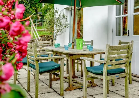 The terrace & alfresco dining area at Old School House, Buck's Cross