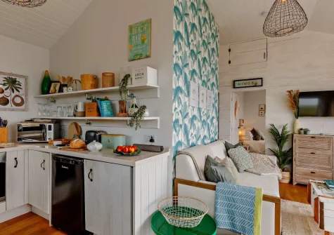 The living area & kitchen at Omega, Freathy