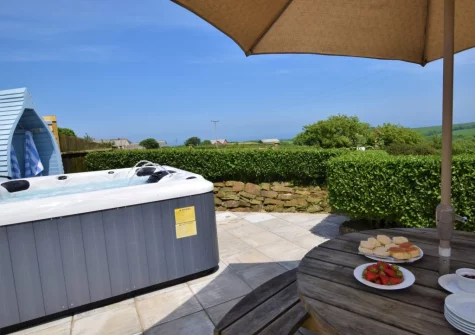 The patio, barecue, alfresco dining area & hot tub at Owl Barn at The Retreat, Higher Clovelly