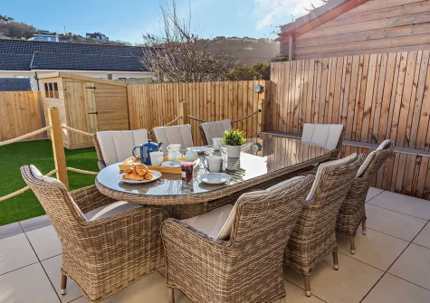 The patio & alfresco dining area at Pebbles, Portreath
