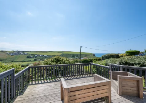 The front decked patio & outdoor sitting area at Pen Y Mor, Mawgan Porth