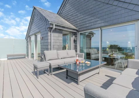 The top floor decked balcony & outdoor sitting area at Pentire, Trevone