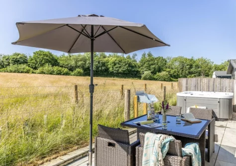 The patio, alfresco dining area & hot tub at Poppy, 5 Roadford Lakes Lodges, Broadwoodwidger