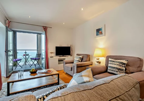 The living area at Porth Apartment, Newquay