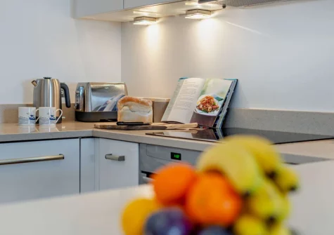 The kitchen at Porth Apartment, Newquay