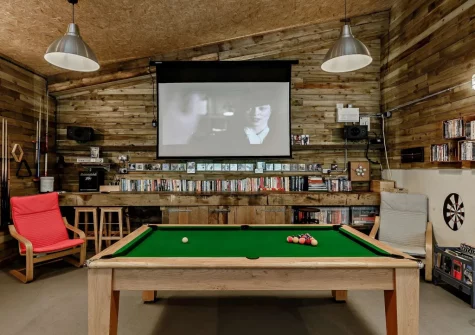The shared games barn with home cinema at Primrose Cottage at Greatrock Farm, Hennock