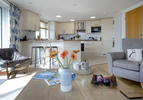 The living area & kitchen at Puffins at Ocean Blue, Treyarnon