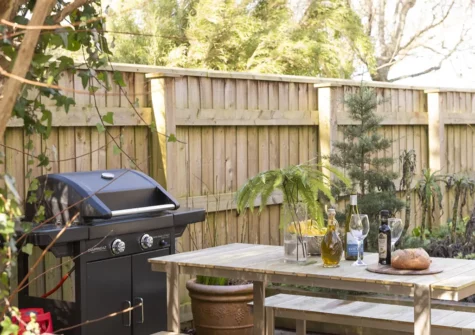The wraparound terrace & barbecue area at Rosehendra, Rosevidney