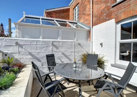 The rear patio & alfresco dining area at Samphire House, Padstow