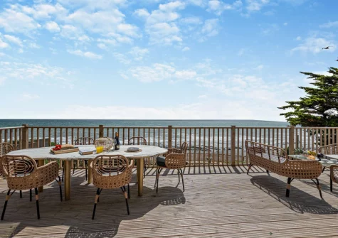 Enjoy panaromic ocean views from the decked patio, alfresco dining & outdoor sitting area at Sandpipers, Downderry