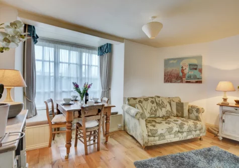 The living & dining area at School Cottage, Little Petherick