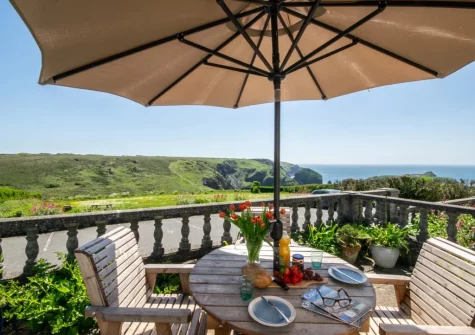 The terrace & alfresco dining area at Seaspray Cottage, Mullion Cove