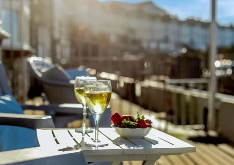 The enclosed paved terrace & outdoor sitting area at Seaview Moorings, Porthleven