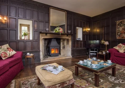 The oak-panelled drawing room at Sheafhayne Manor, Yarcombe