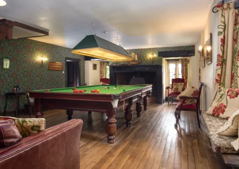 The billiard room, with full-sized snooker table, at Sheafhayne Manor, Yarcombe