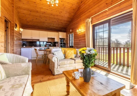 The living area at Sky Lark Lodge 7 at Clovelly Lakes, Higher Clovelly