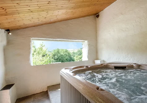 Old Lanwarnick Cottages' communal hot tub set in a barn with a large open viewing window over the outstanding natural landscape