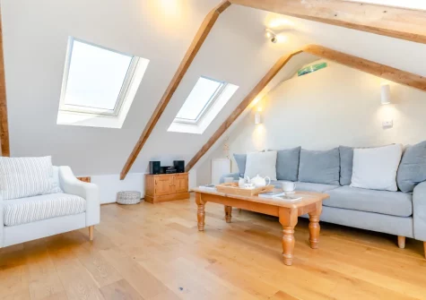 The attic living room at Suffolk Cottage, Porthleven